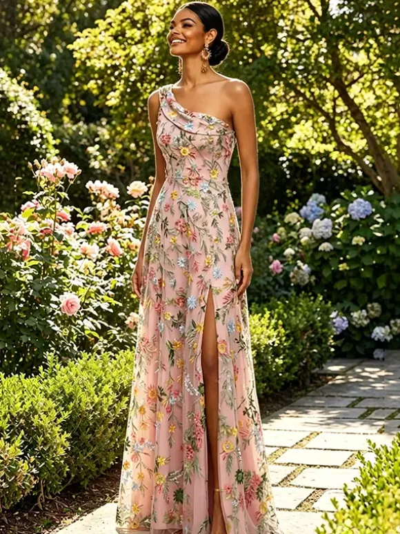 Floral Embroidery Tulle Maxi Dress One Shoulder Draped Neck High Slit Wedding Guest Formal Gown