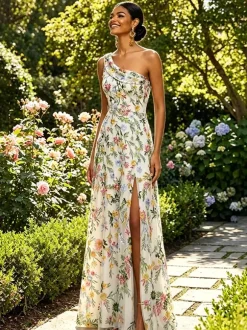 Floral Embroidery Tulle Maxi Dress One Shoulder Draped Neck High Slit Wedding Guest Formal Gown