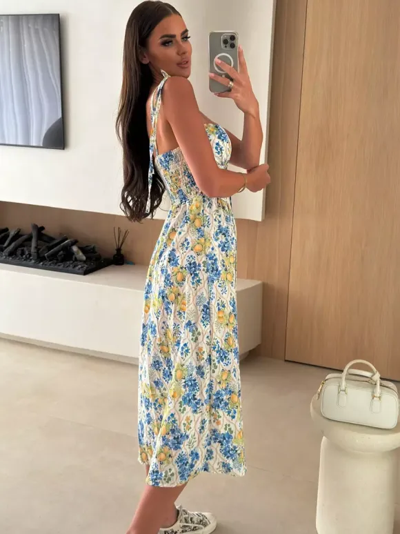 Floral Fruit Pattern Strapless Midi Gown Perfect For Casual Outings