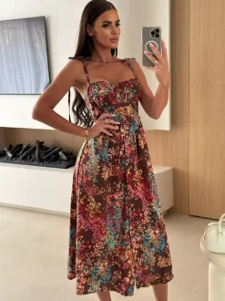 Floral Fruit Pattern Strapless Midi Gown Perfect For Casual Outings