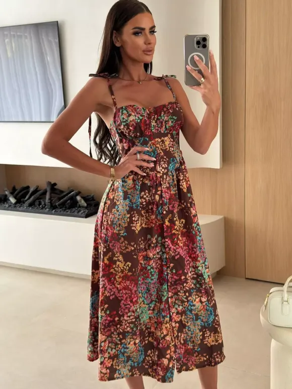 Floral Fruit Pattern Strapless Midi Gown Perfect For Casual Outings