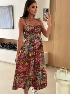 Floral Fruit Pattern Strapless Midi Gown Perfect For Casual Outings