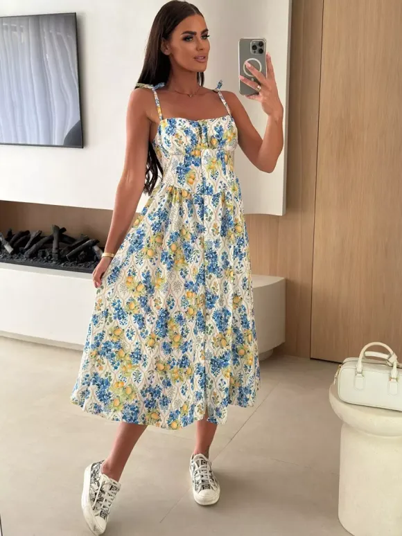 Floral Fruit Pattern Strapless Midi Gown Perfect For Casual Outings