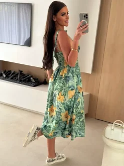 Floral Fruit Pattern Strapless Midi Gown Perfect For Casual Outings