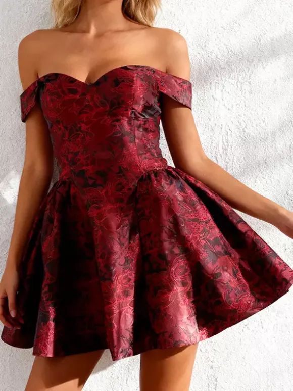 Floral Jacquard Off Shoulder Mini Dress For Women - Burgundy A Line Dress - Summer Prom Birthday Party 2026