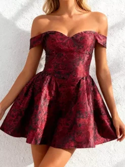 Floral Jacquard Off Shoulder Mini Dress For Women - Burgundy A Line Dress - Summer Prom Birthday Party 2026