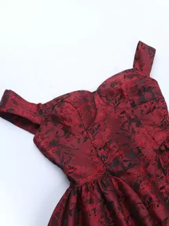 Floral Jacquard Off Shoulder Mini Dress For Women - Burgundy A Line Dress - Summer Prom Birthday Party 2026