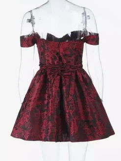Floral Jacquard Off Shoulder Mini Dress For Women - Burgundy A Line Dress - Summer Prom Birthday Party 2026