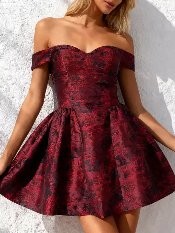 Floral Jacquard Off Shoulder Mini Dress For Women - Burgundy A Line Dress - Summer Prom Birthday Party 2026