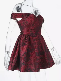 Floral Jacquard Off Shoulder Mini Dress For Women - Burgundy A Line Dress - Summer Prom Birthday Party 2026