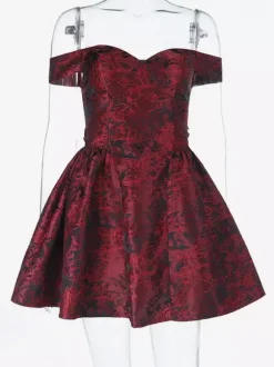 Floral Jacquard Off Shoulder Mini Dress For Women - Burgundy A Line Dress - Summer Prom Birthday Party 2026