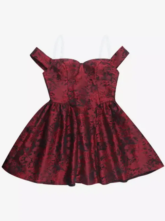 Floral Jacquard Off Shoulder Mini Dress For Women - Burgundy A Line Dress - Summer Prom Birthday Party 2026