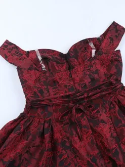 Floral Jacquard Off Shoulder Mini Dress For Women - Burgundy A Line Dress - Summer Prom Birthday Party 2026