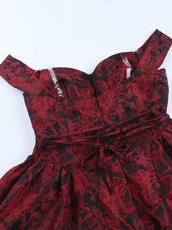 Floral Jacquard Off Shoulder Mini Dress For Women - Burgundy A Line Dress - Summer Prom Birthday Party 2026