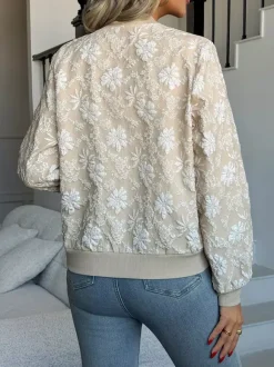 Floral Jacquard Women's Bomber Jacket - Elegant 3D Embossed Flower Zip Up Slim Fit - Chic Spring Streetwear 2026