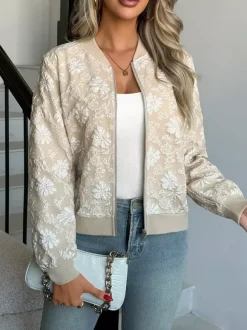 Floral Jacquard Women's Bomber Jacket - Elegant 3D Embossed Flower Zip Up Slim Fit - Chic Spring Streetwear 2026