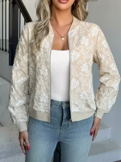 Floral Jacquard Women's Bomber Jacket - Elegant 3D Embossed Flower Zip Up Slim Fit - Chic Spring Streetwear 2026
