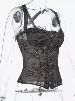 Floral Lace Corset Top For Women - Black Gothic Aesthetic Bustier - Summer Night Out Clubwear 2026