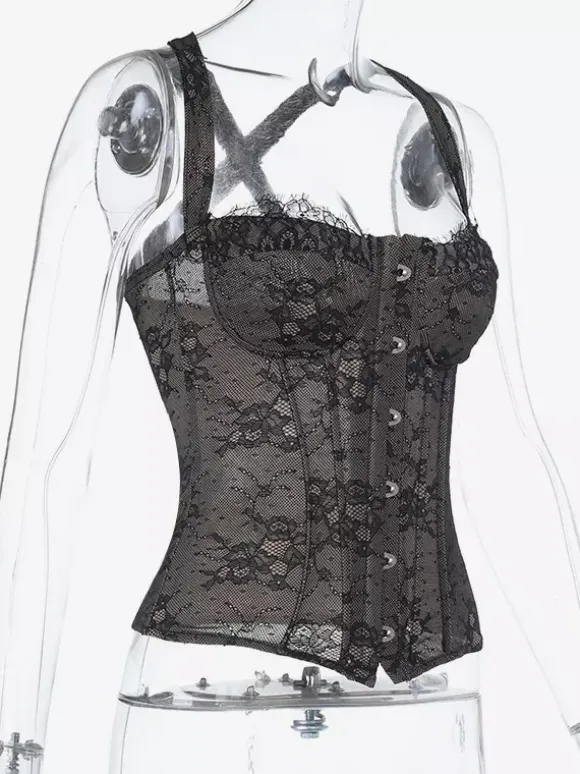 Floral Lace Corset Top For Women - Black Gothic Aesthetic Bustier - Summer Night Out Clubwear 2026