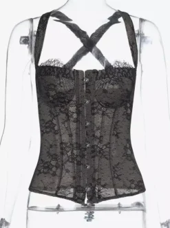 Floral Lace Corset Top For Women - Black Gothic Aesthetic Bustier - Summer Night Out Clubwear 2026