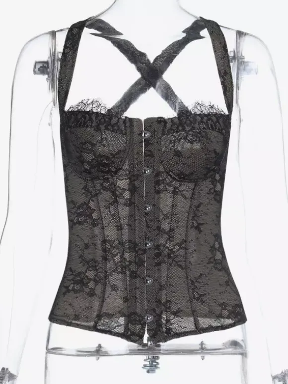 Floral Lace Corset Top For Women - Black Gothic Aesthetic Bustier - Summer Night Out Clubwear 2026