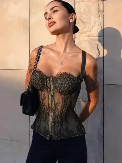 Floral Lace Corset Top For Women - Black Gothic Aesthetic Bustier - Summer Night Out Clubwear 2026