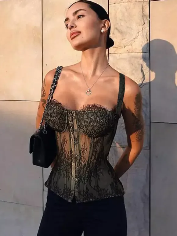 Floral Lace Corset Top For Women - Black Gothic Aesthetic Bustier - Summer Night Out Clubwear 2026