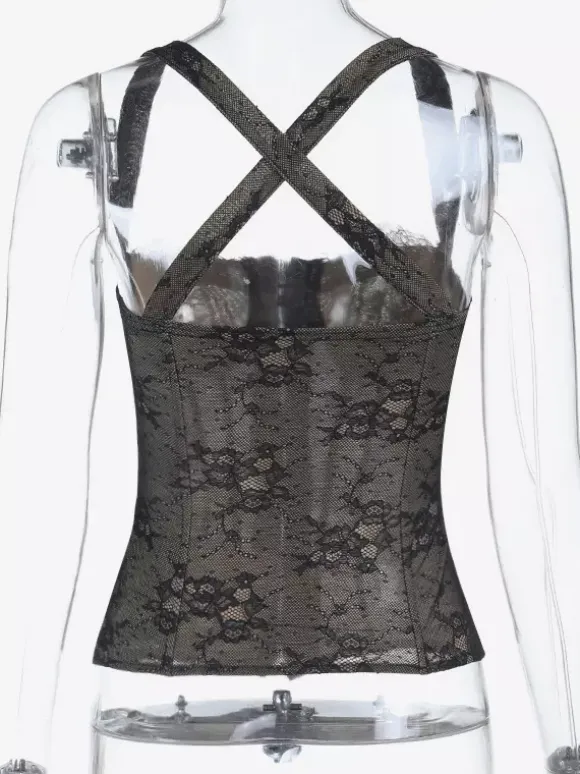 Floral Lace Corset Top For Women - Black Gothic Aesthetic Bustier - Summer Night Out Clubwear 2026