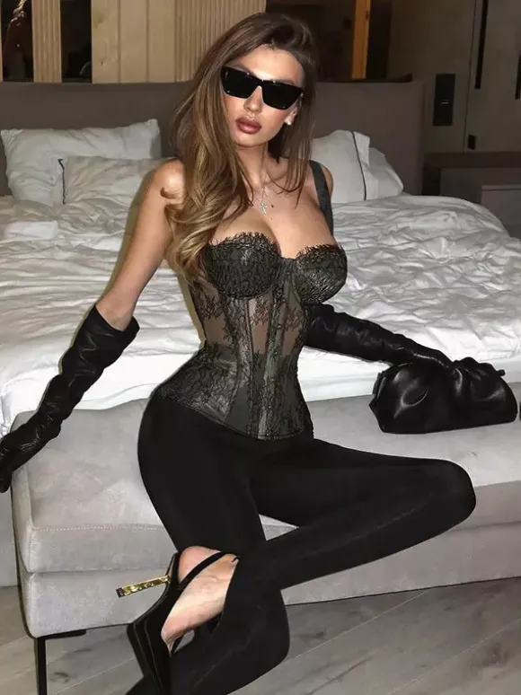 Floral Lace Corset Top For Women - Black Gothic Aesthetic Bustier - Summer Night Out Clubwear 2026