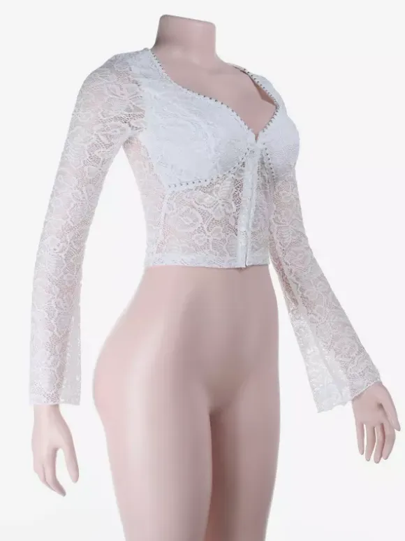 Floral Lace Crop Top For Women - White Elegant Long Sleeve V Neck Slim Fit Blouse - Spring Night Out Clubwear 2026