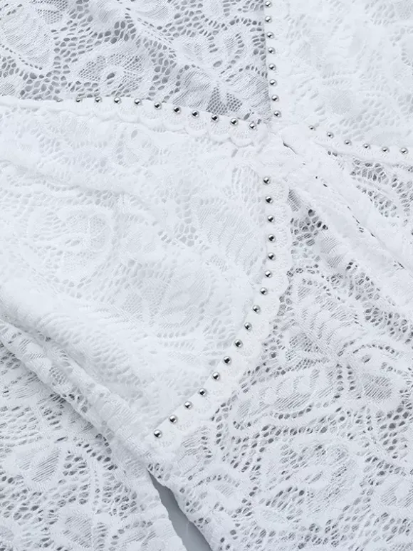 Floral Lace Crop Top For Women - White Elegant Long Sleeve V Neck Slim Fit Blouse - Spring Night Out Clubwear 2026