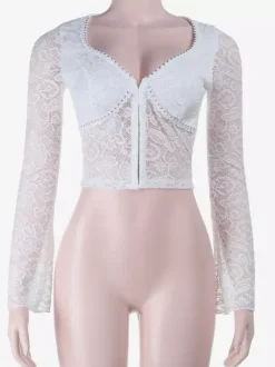Floral Lace Crop Top For Women - White Elegant Long Sleeve V Neck Slim Fit Blouse - Spring Night Out Clubwear 2026
