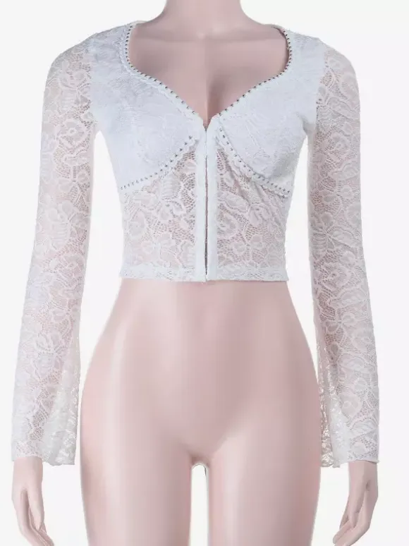 Floral Lace Crop Top For Women - White Elegant Long Sleeve V Neck Slim Fit Blouse - Spring Night Out Clubwear 2026