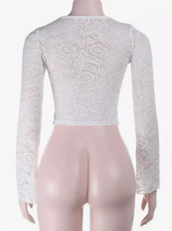 Floral Lace Crop Top For Women - White Elegant Long Sleeve V Neck Slim Fit Blouse - Spring Night Out Clubwear 2026
