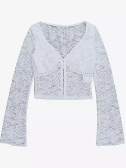 Floral Lace Crop Top For Women - White Elegant Long Sleeve V Neck Slim Fit Blouse - Spring Night Out Clubwear 2026