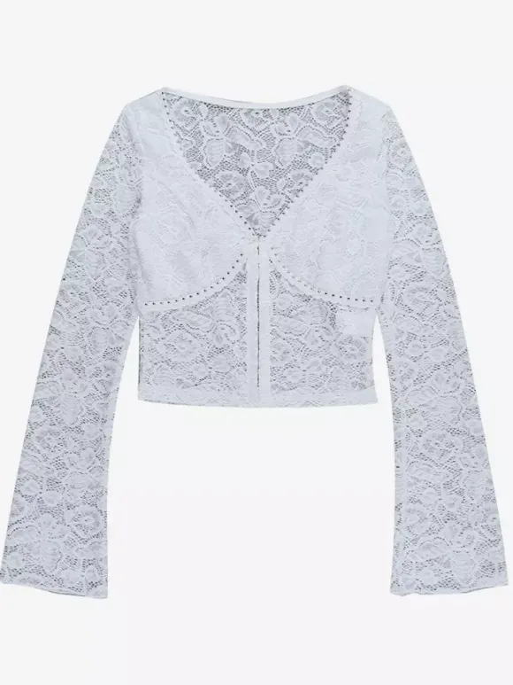 Floral Lace Crop Top For Women - White Elegant Long Sleeve V Neck Slim Fit Blouse - Spring Night Out Clubwear 2026