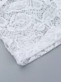 Floral Lace Crop Top For Women - White Elegant Long Sleeve V Neck Slim Fit Blouse - Spring Night Out Clubwear 2026