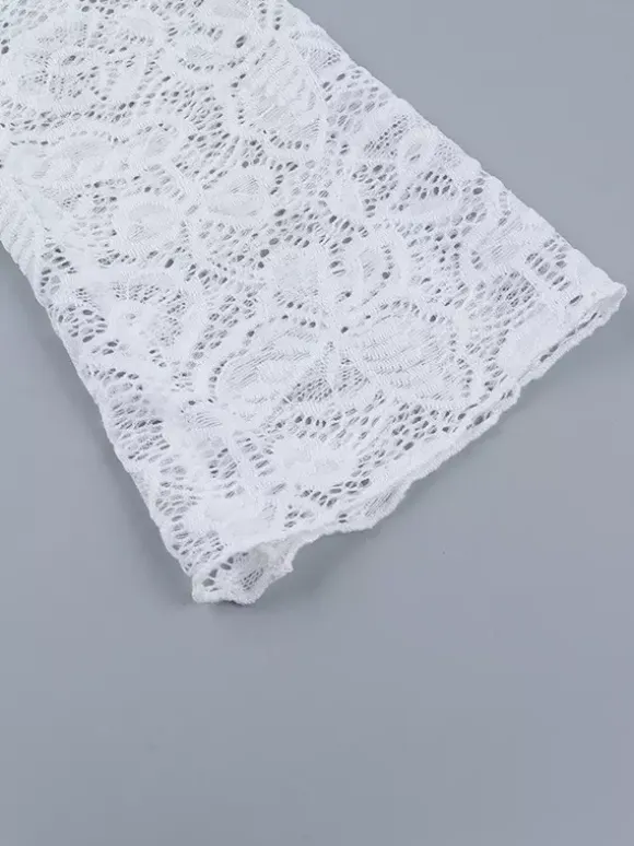 Floral Lace Crop Top For Women - White Elegant Long Sleeve V Neck Slim Fit Blouse - Spring Night Out Clubwear 2026
