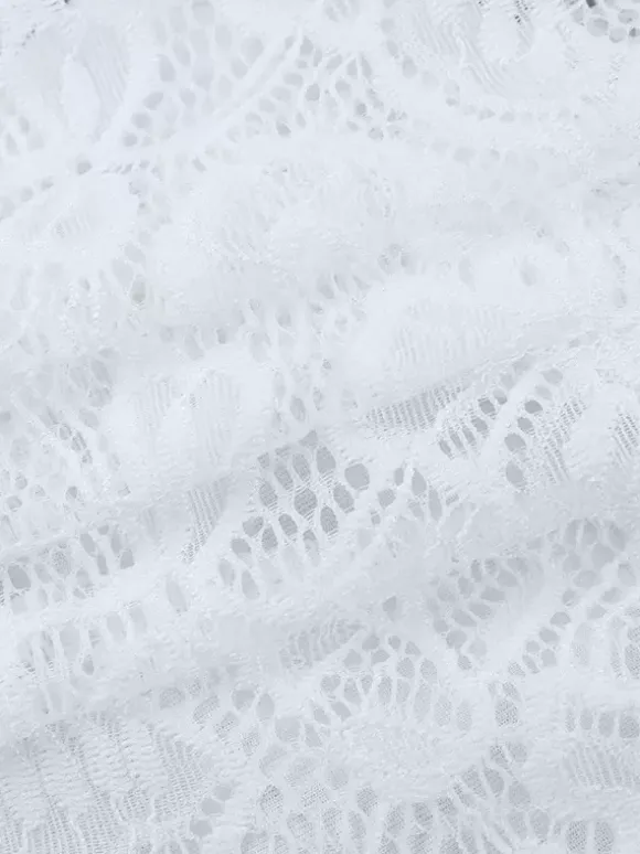 Floral Lace Crop Top For Women - White Elegant Long Sleeve V Neck Slim Fit Blouse - Spring Night Out Clubwear 2026