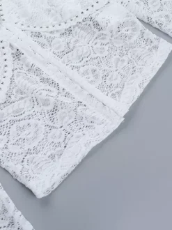 Floral Lace Crop Top For Women - White Elegant Long Sleeve V Neck Slim Fit Blouse - Spring Night Out Clubwear 2026