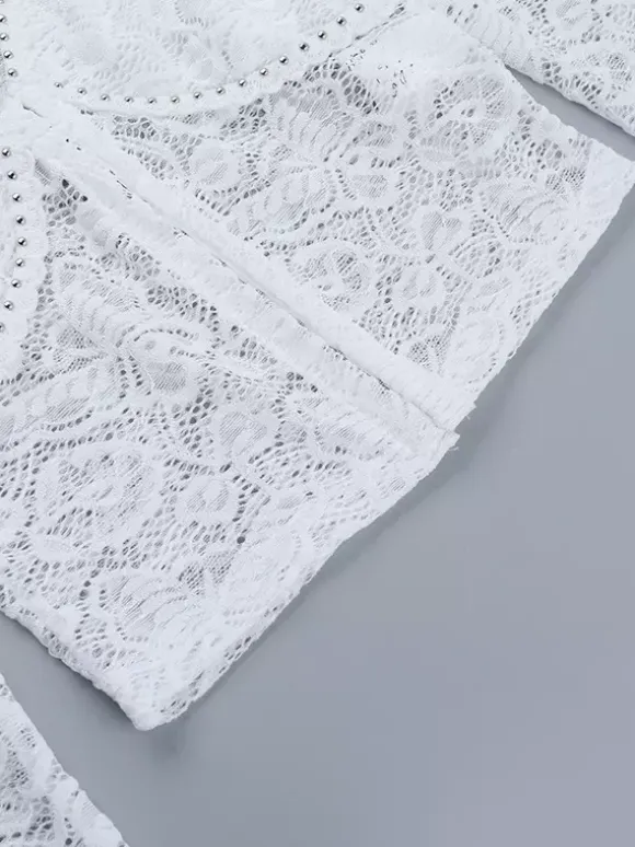 Floral Lace Crop Top For Women - White Elegant Long Sleeve V Neck Slim Fit Blouse - Spring Night Out Clubwear 2026