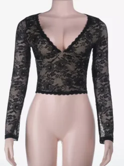 Floral Lace Crop Top For Women - Black Sexy V Neck Long Sleeve - Spring Night Out Clubwear 2026