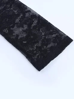 Floral Lace Crop Top For Women - Black Sexy V Neck Long Sleeve - Spring Night Out Clubwear 2026