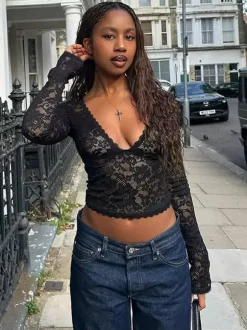 Floral Lace Crop Top For Women - Black Sexy V Neck Long Sleeve - Spring Night Out Clubwear 2026