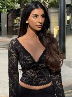 Floral Lace Crop Top For Women - Black Sexy V Neck Long Sleeve - Spring Night Out Clubwear 2026