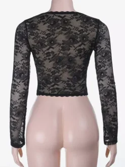 Floral Lace Crop Top For Women - Black Sexy V Neck Long Sleeve - Spring Night Out Clubwear 2026