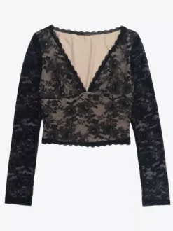 Floral Lace Crop Top For Women - Black Sexy V Neck Long Sleeve - Spring Night Out Clubwear 2026