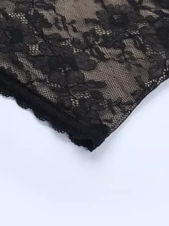 Floral Lace Crop Top For Women - Black Sexy V Neck Long Sleeve - Spring Night Out Clubwear 2026