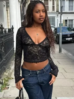 Floral Lace Crop Top For Women - Black Sexy V Neck Long Sleeve - Spring Night Out Clubwear 2026