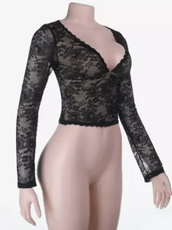 Floral Lace Crop Top For Women - Black Sexy V Neck Long Sleeve - Spring Night Out Clubwear 2026
